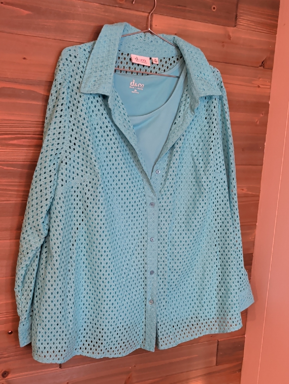 D & Co. Two Piece Light Blue Crochet Like Button-Front Women's Top  2X